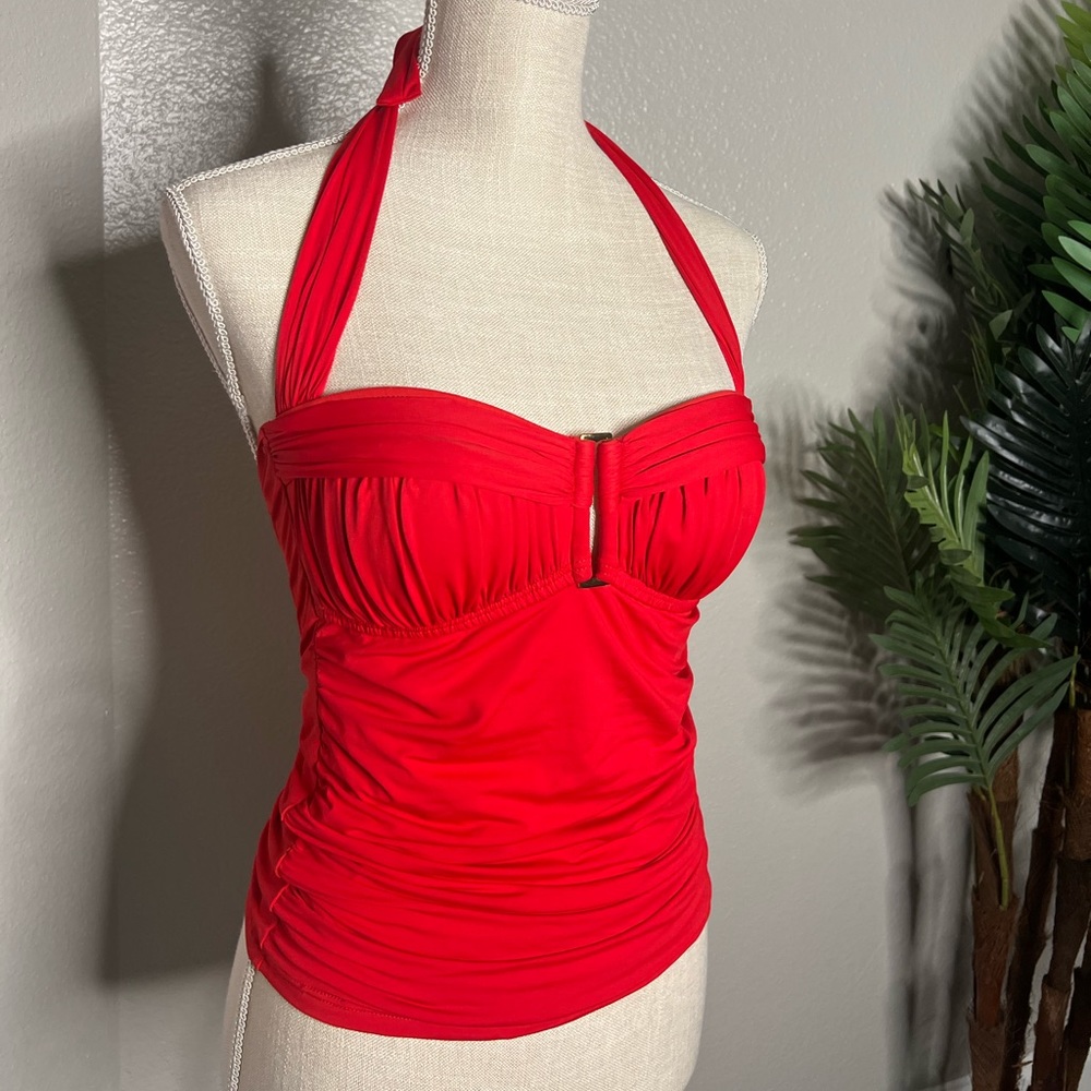Red strapless top with ties around neck